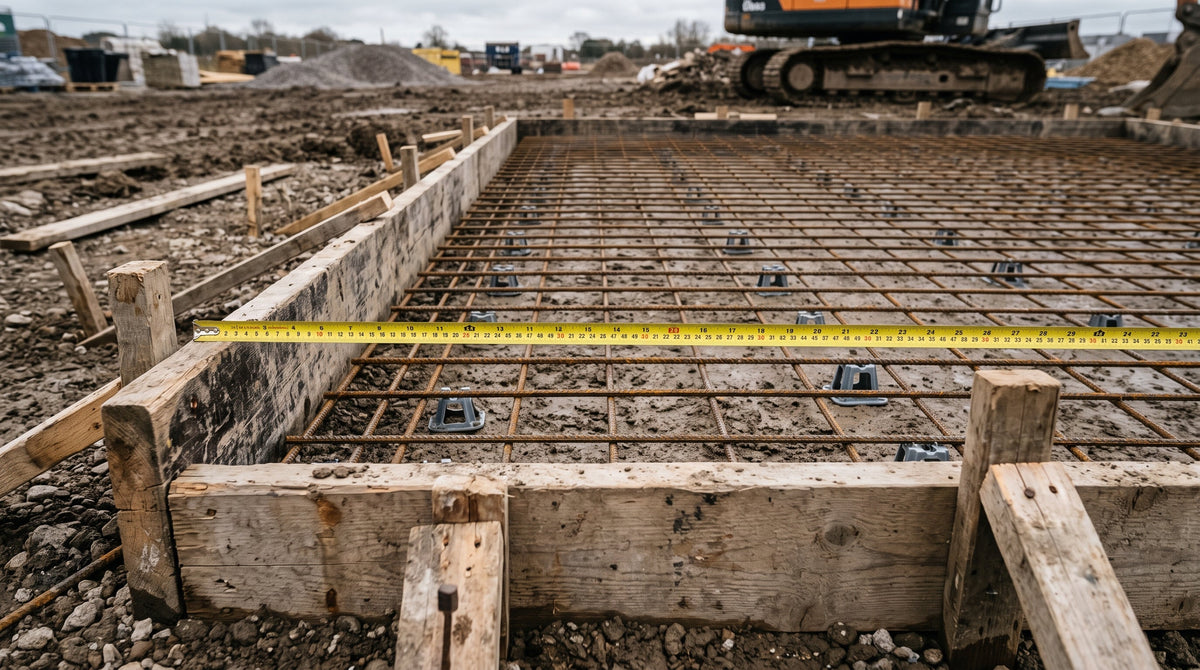 Timber formwork and rebar for a concrete slab being measured before ordering ready-mix