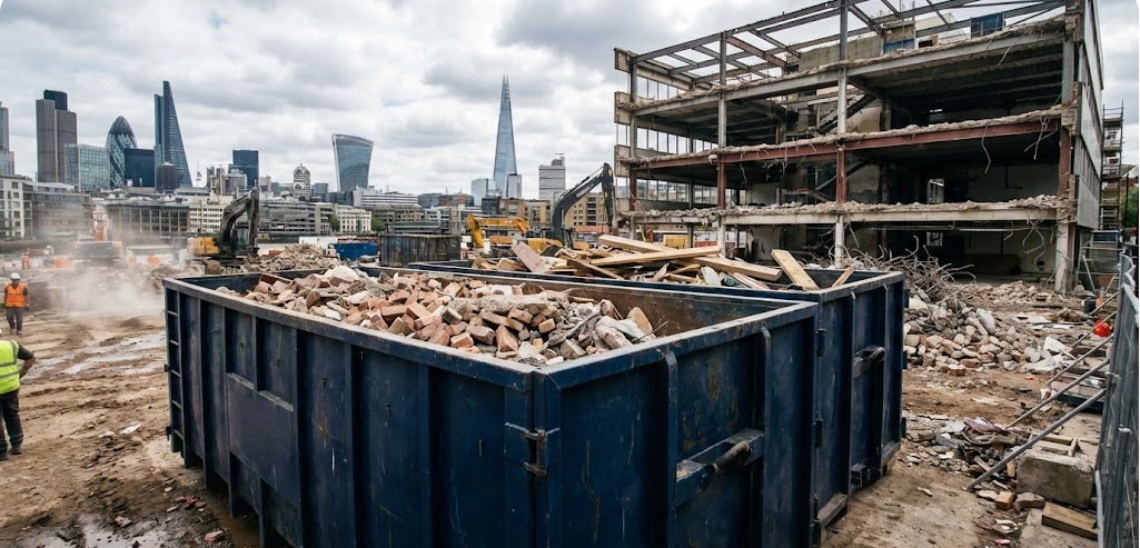 Large RoRo bin filled with demolition waste on London construction site - professional waste management for demolition contractors