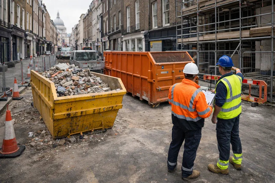 WasteHub team reviewing skips with St Pauls Cathedral in background